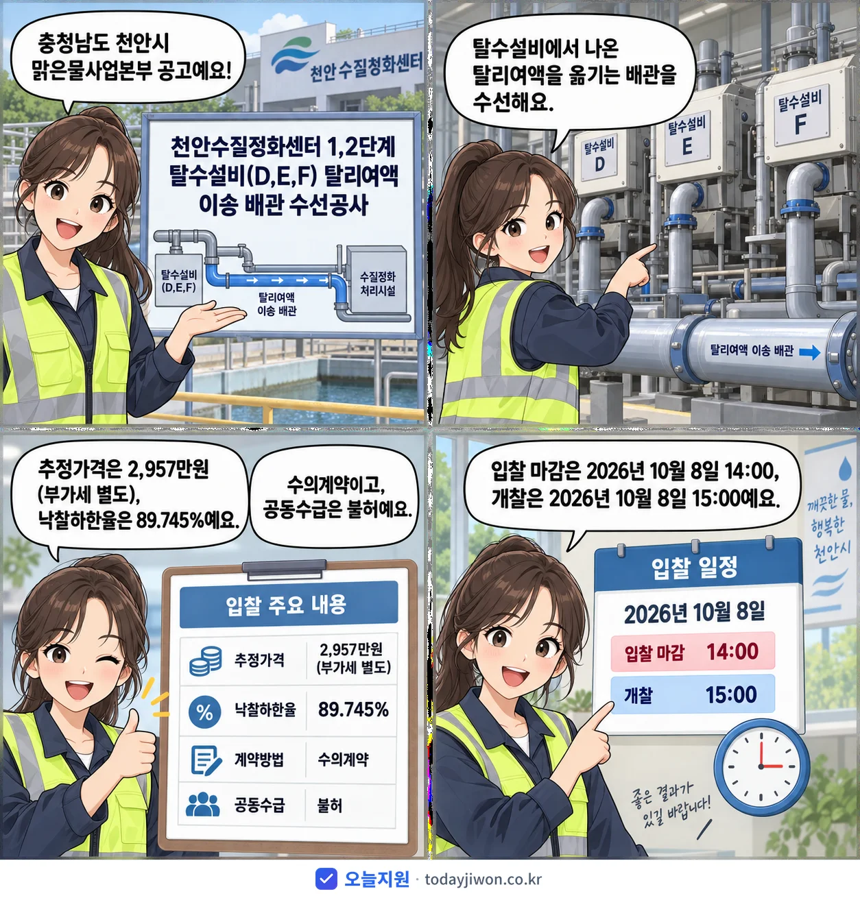 4컷 만화로 보는 공고: 충청남도 천안시 맑은물사업본부 '천안수질정화센터 1,2단계 탈수설비(D,E,F) 탈리여액 이송 배관 수…', 추정가격 2,957만원, 입찰 마감 10/8 14:00