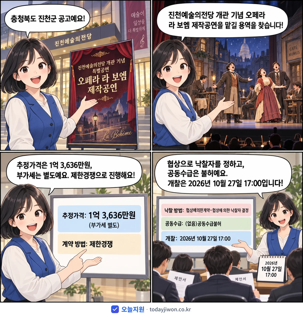 4컷 만화로 보는 공고: 충청북도 진천군 '진천예술의전당 개관 기념 특별공연 오페라 라 보엠 제작공연', 추정가격 1억 3,636만원