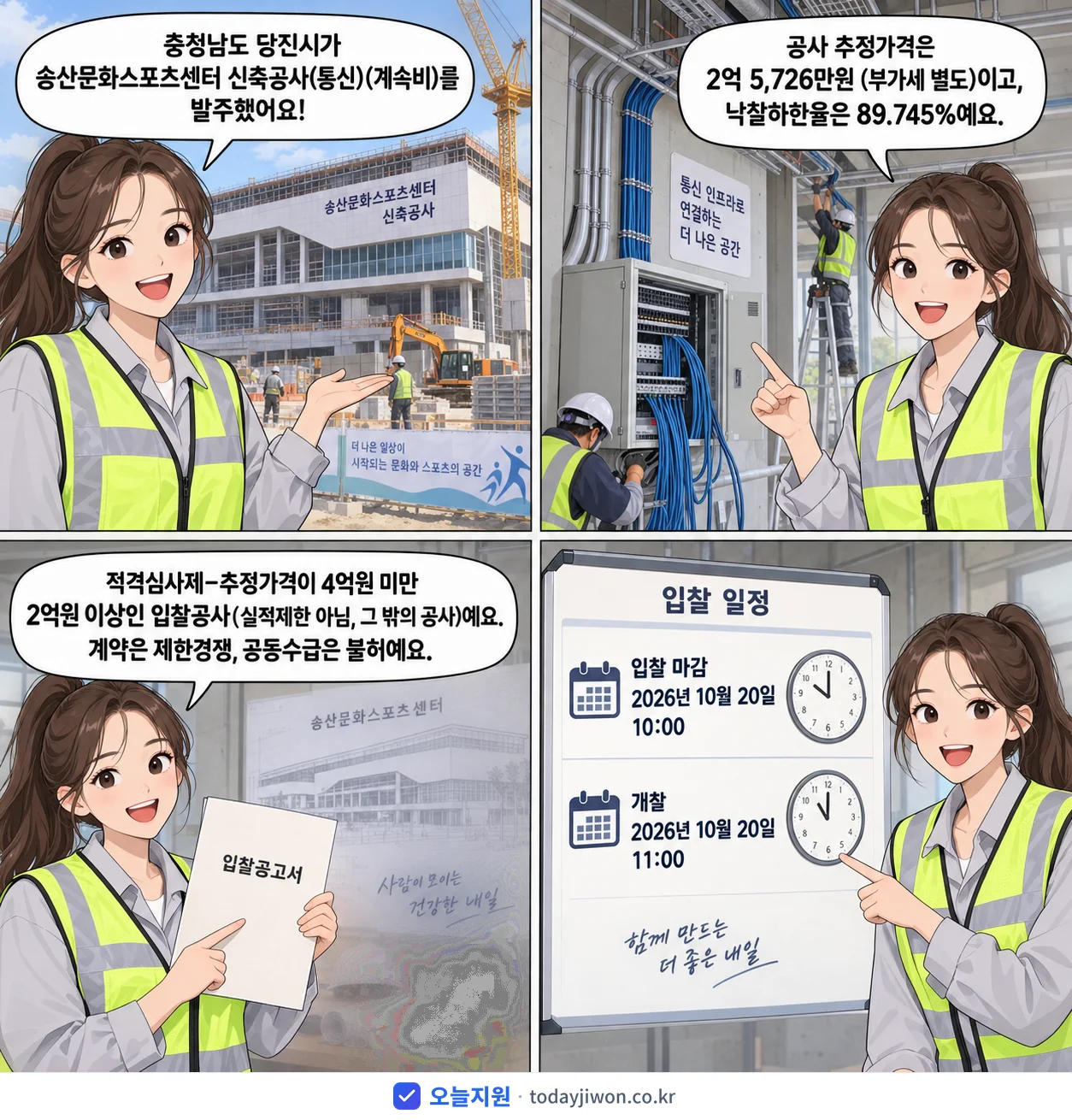 4컷 만화로 보는 공고: 충청남도 당진시 '송산문화스포츠센터 신축공사(통신)(계속비)', 추정가격 2억 5,726만원, 입찰 마감 10/20 10:00