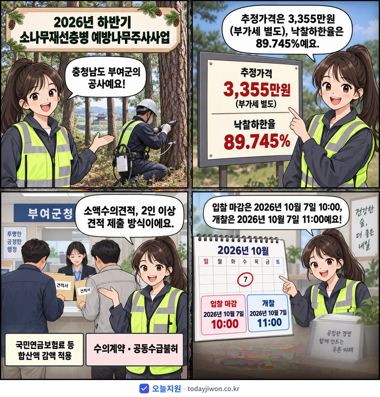4컷 만화로 보는 공고: 충청남도 부여군 '하반기 소나무재선충병 예방나무주사사업', 추정가격 3,355만원, 입찰 마감 10/7 10:00
