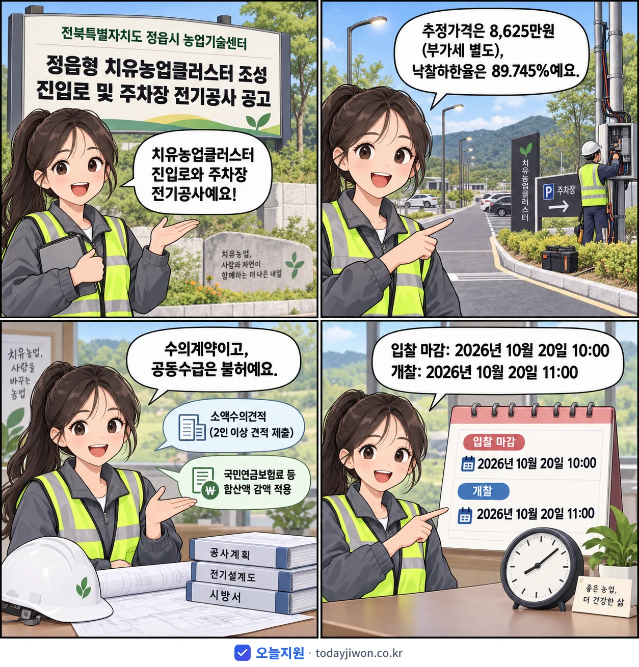 4컷 만화로 보는 공고: 전북특별자치도 정읍시 농업기술센터 '정읍형 치유농업클러스터 조성 진입로 및 주차장 전기공사 공고', 추정가격 8,625만원, 입찰 마감 10/20 10:00