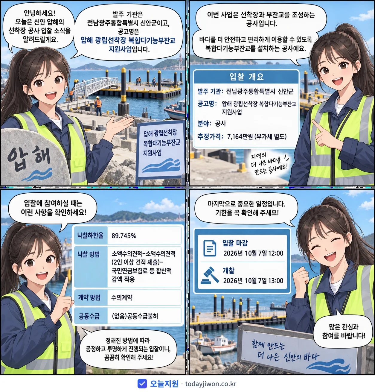 4컷 만화로 보는 공고: 전남광주통합특별시 신안군 '압해 광립선착장 복합다기능부잔교 지원사업', 추정가격 7,164만원, 입찰 마감 10/7 12:00