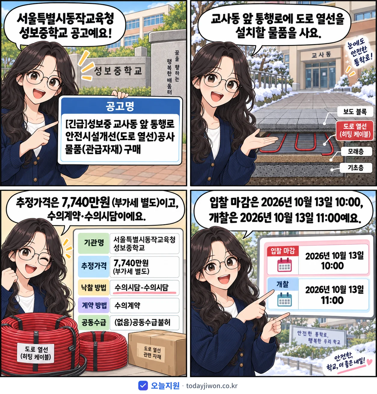 4컷 만화로 보는 공고: 서울특별시동작교육청 성보중학교 '성보중 교사동 앞 통행로 안전시설개선(도로 열선)공사 물품(관급자재)…', 추정가격 7,740만원, 입찰 마감 10/13 10:00
