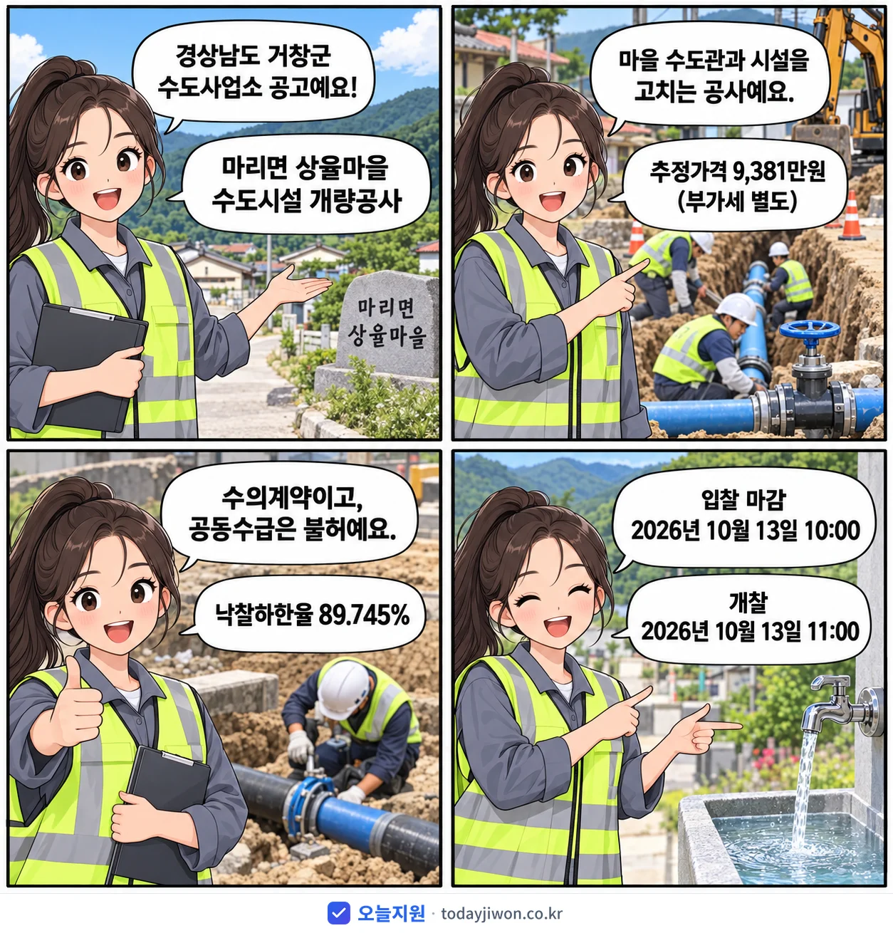 4컷 만화로 보는 공고: 경상남도 거창군 수도사업소 '마리면 상율마을 수도시설 개량공사', 추정가격 9,381만원, 입찰 마감 10/13 10:00
