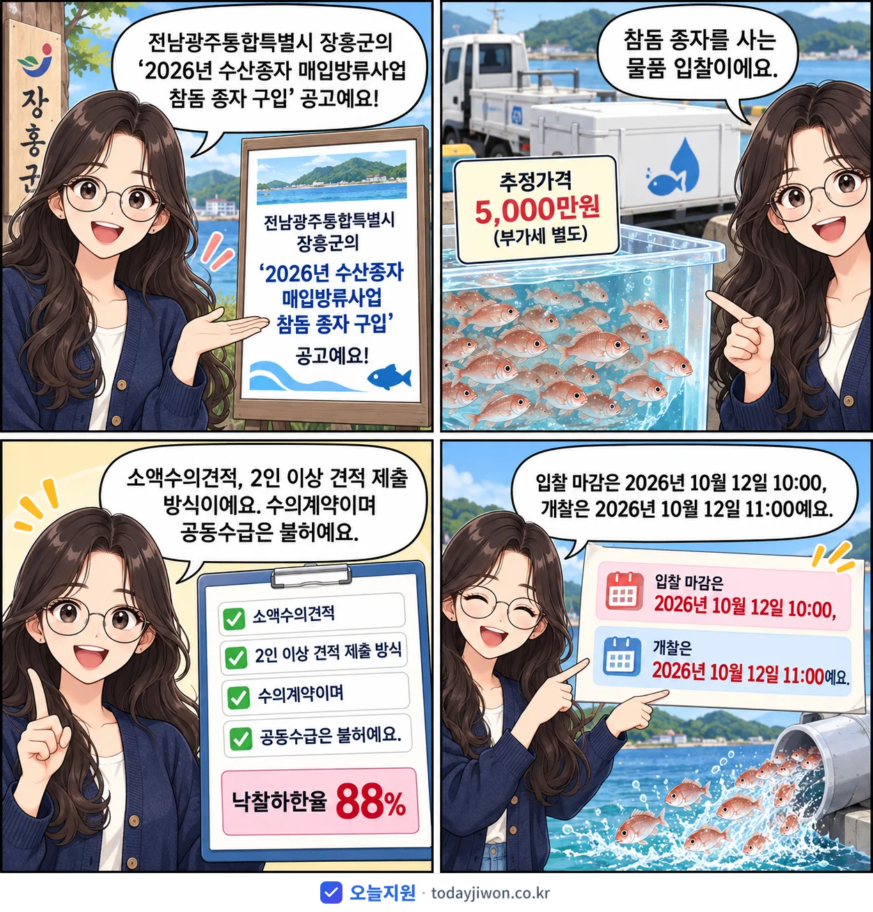 4컷 만화로 보는 공고: 전남광주통합특별시 장흥군 '수산종자 매입방류사업 참돔 종자 구입', 추정가격 5,000만원, 입찰 마감 10/12 10:00