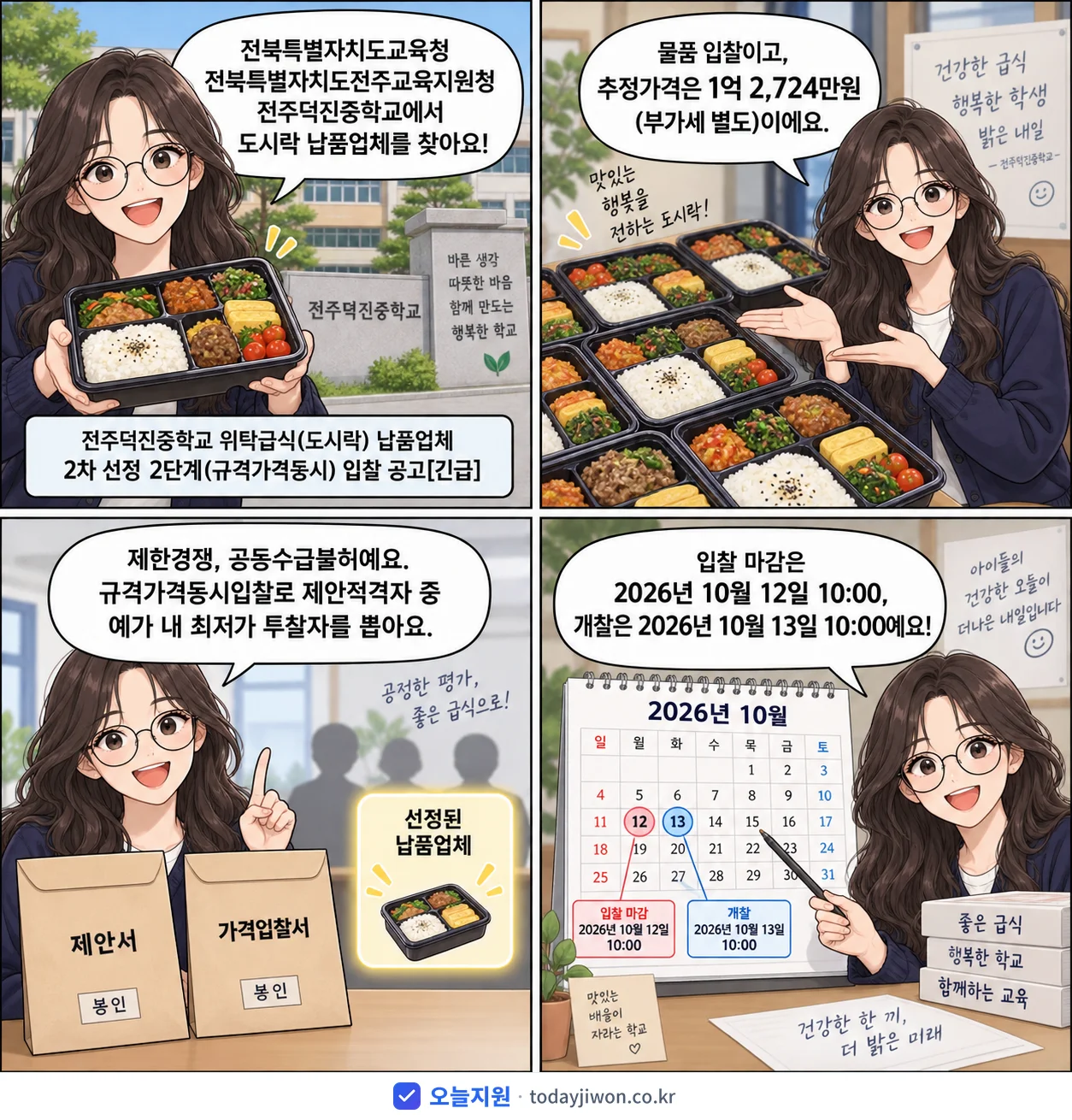 4컷 만화로 보는 공고: 전북특별자치도교육청 전북특별자치도전주교육지원청 전주덕진중학교 '전주덕진중학교 위탁급식(도시락) 납품업체 2차 선정 2단계(규격가격동시…', 추정가격 1억 2,724만원, 입찰 마감 10/12 10:00