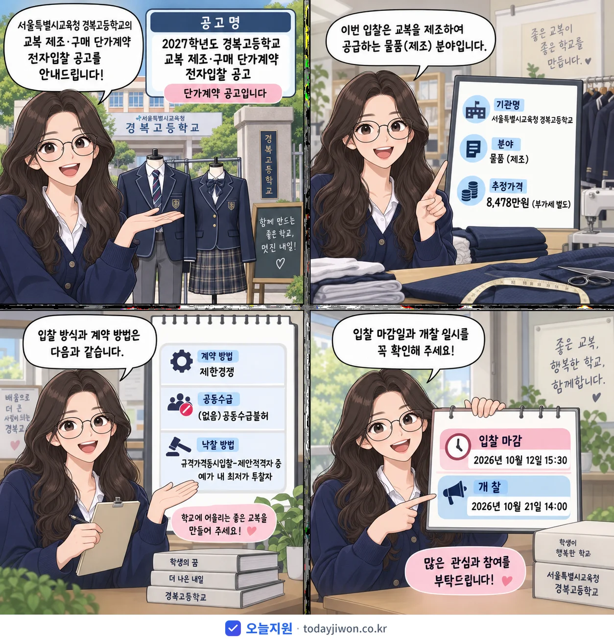 4컷 만화로 보는 공고: 서울특별시교육청 경복고등학교 '학년도 경복고등학교 교복 제조·구매 단가계약 전자입찰 공고', 추정가격 8,478만원, 입찰 마감 10/12 15:30