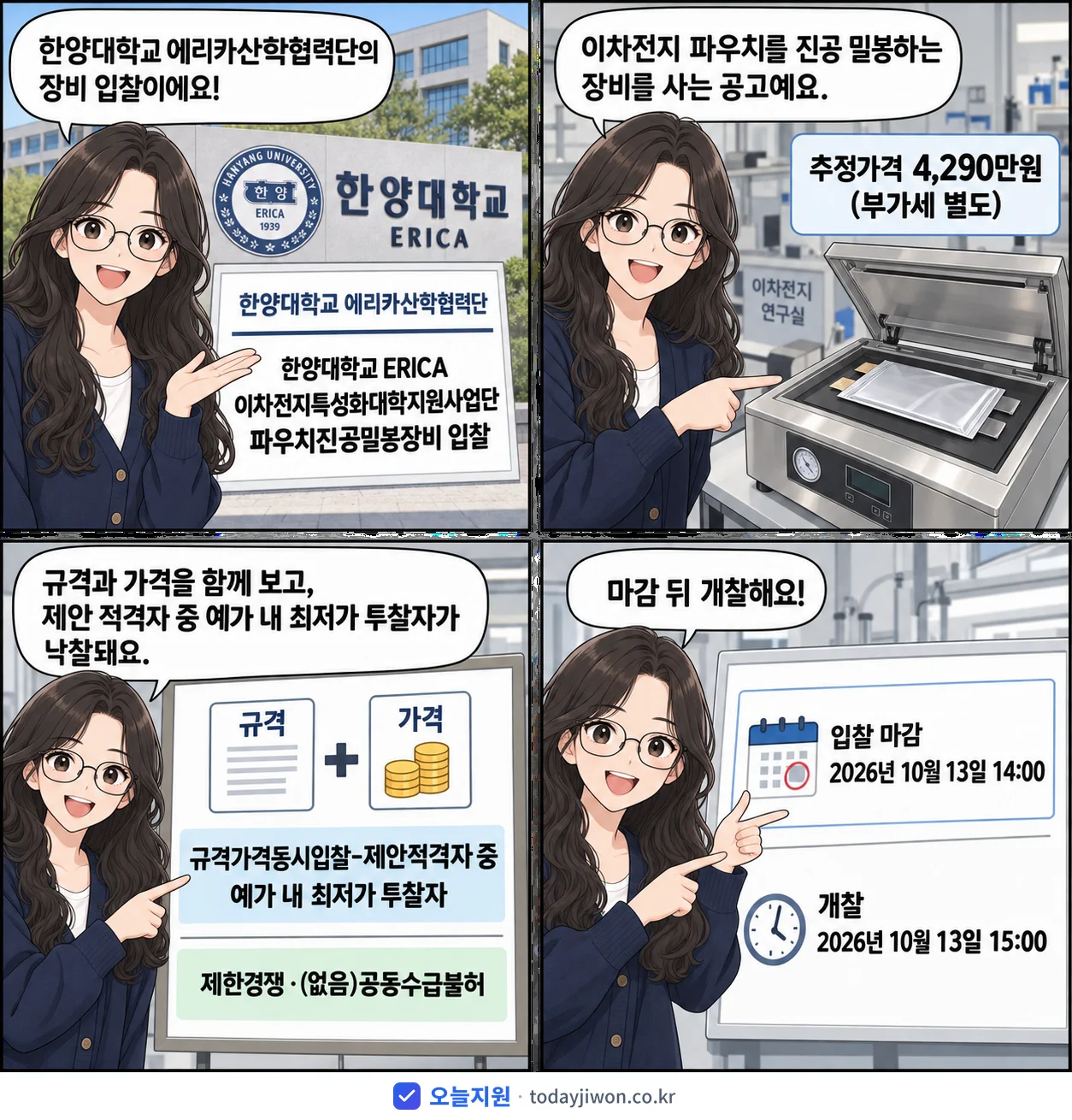 4컷 만화로 보는 공고: 한양대학교 에리카산학협력단 '한양대학교 ERICA 이차전지특성화대학지원사업단 파우치진공밀봉장비 입찰', 추정가격 4,290만원, 입찰 마감 10/13 14:00