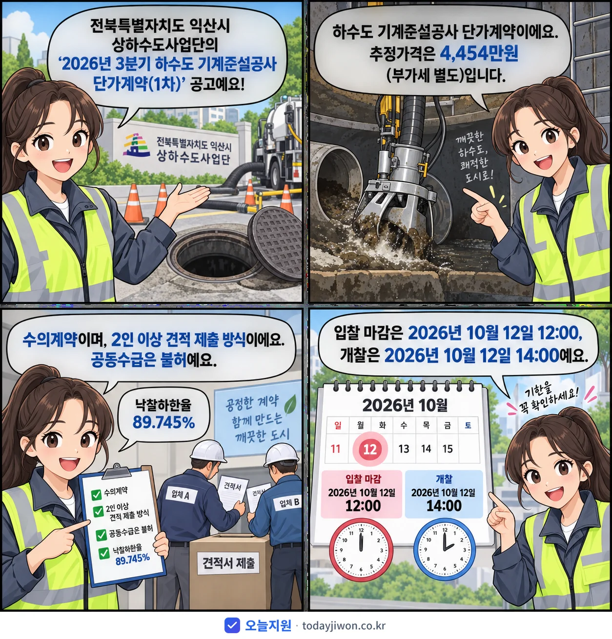 4컷 만화로 보는 공고: 전북특별자치도 익산시 상하수도사업단 '3분기 하수도 기계준설공사 단가계약(1차)', 추정가격 4,454만원, 입찰 마감 10/12 12:00