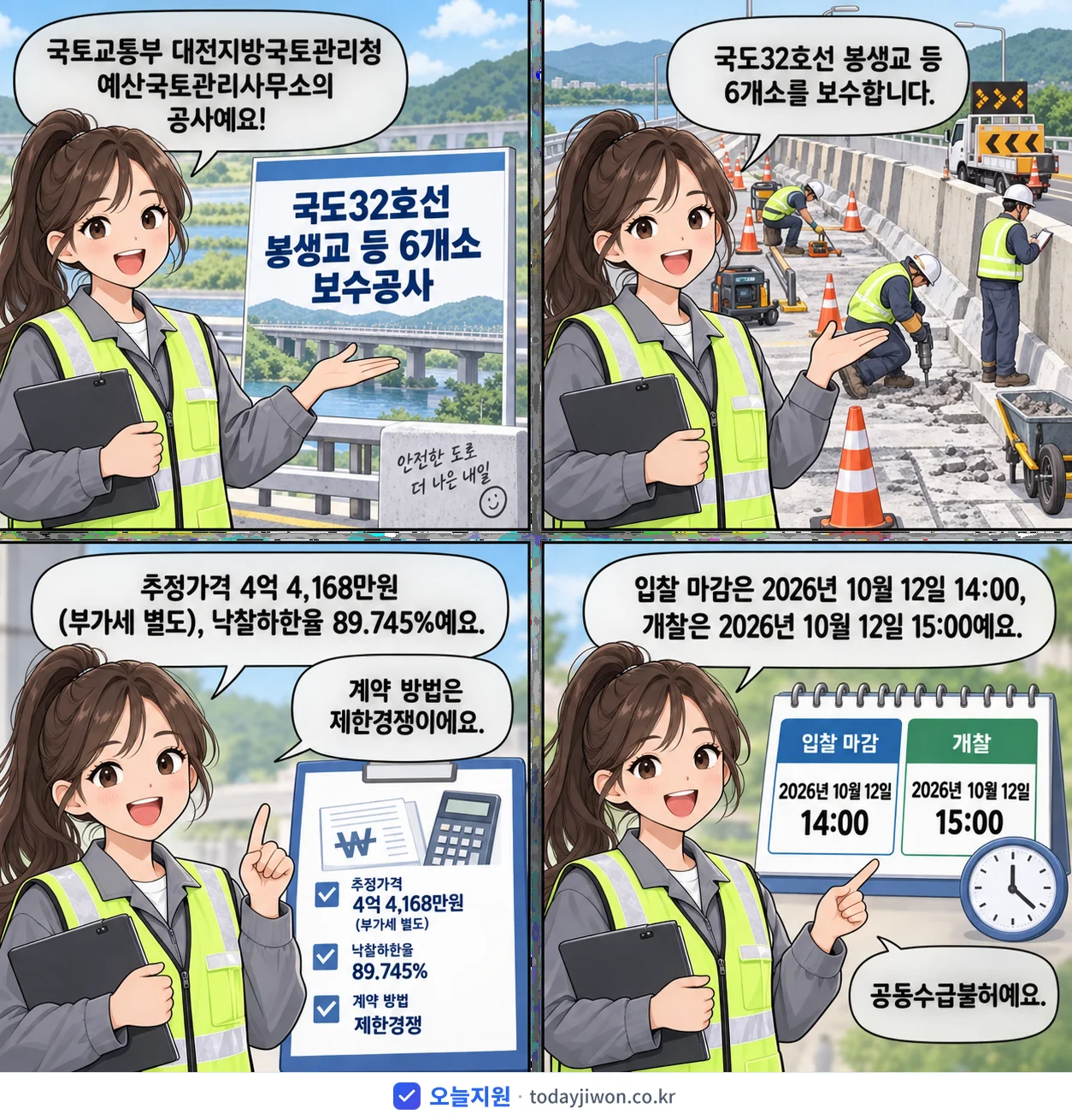 4컷 만화로 보는 공고: 국토교통부 대전지방국토관리청 예산국토관리사무소 '국도32호선 봉생교 등 6개소 보수공사', 추정가격 4억 4,168만원, 입찰 마감 10/12 14:00