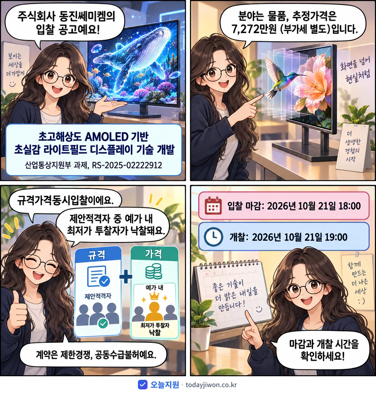 4컷 만화로 보는 공고: 주식회사 동진쎄미켐 '초고해상도 AMOLED 기반 초실감 라이트필드 디스플레이 기술 개발 (…', 추정가격 7,272만원, 입찰 마감 10/21 18:00