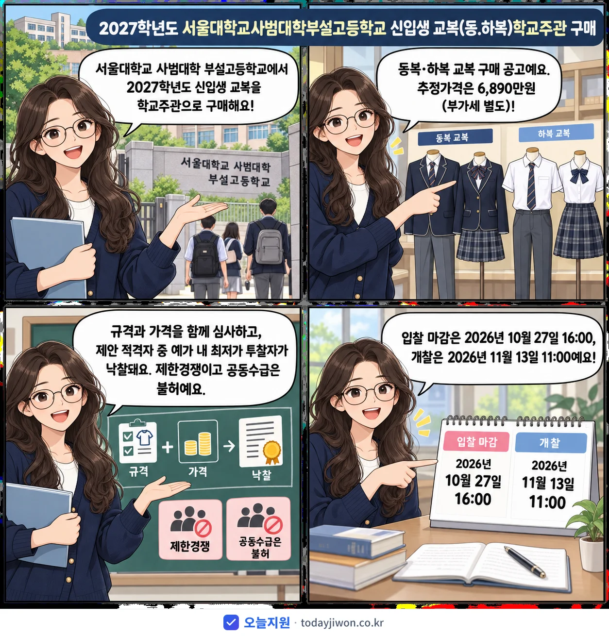 4컷 만화로 보는 공고: 서울대학교 사범대학 부설고등학교 '학년도 서울대학교사범대학부설고등학교 신입생 교복(동.하복)학교주관 구매', 추정가격 6,890만원, 입찰 마감 10/27 16:00
