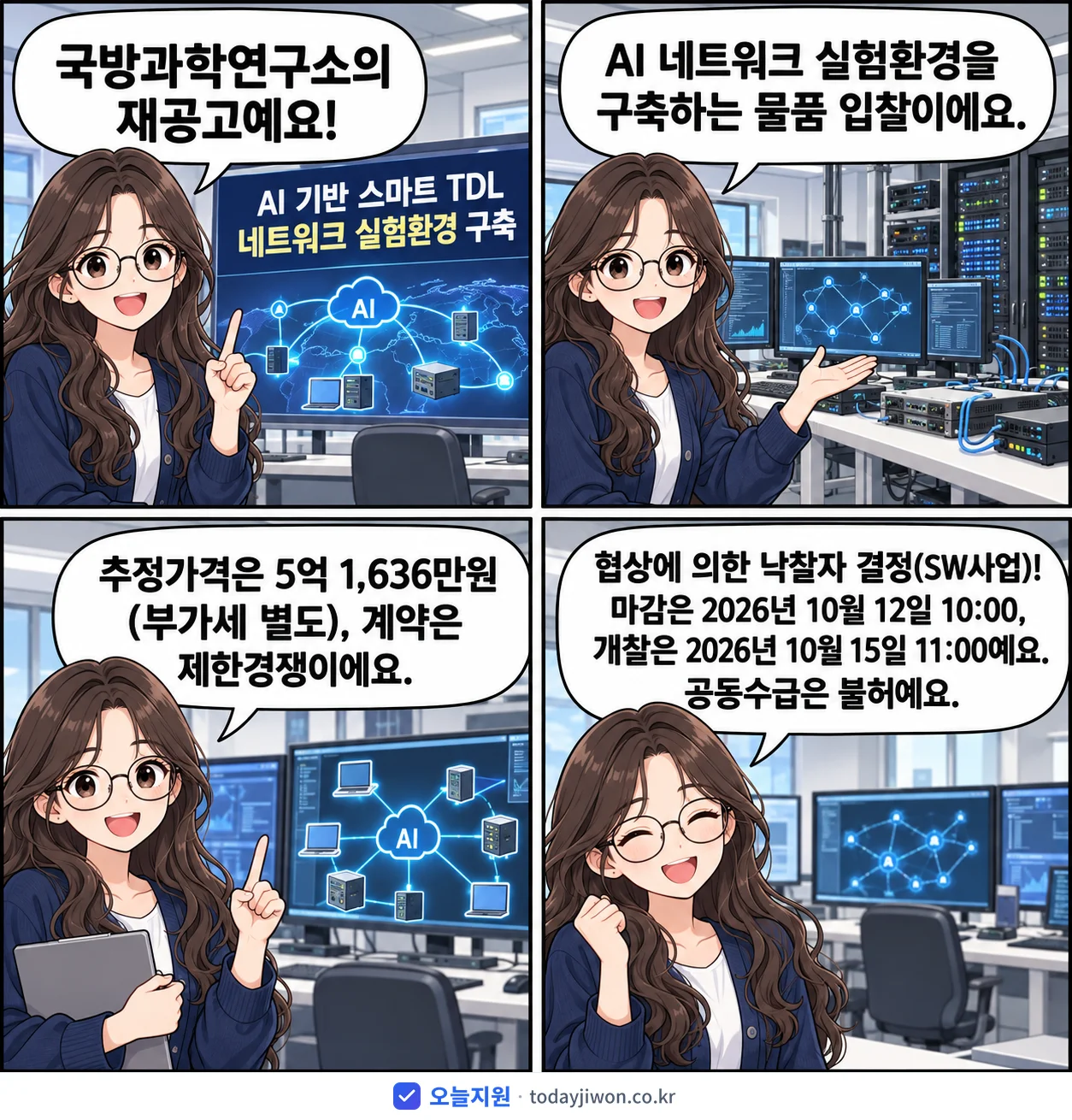 4컷 만화로 보는 공고: 국방과학연구소 'AI 기반 스마트 TDL 네트워크 실험환경 구축', 추정가격 5억 1,636만원, 입찰 마감 10/12 10:00