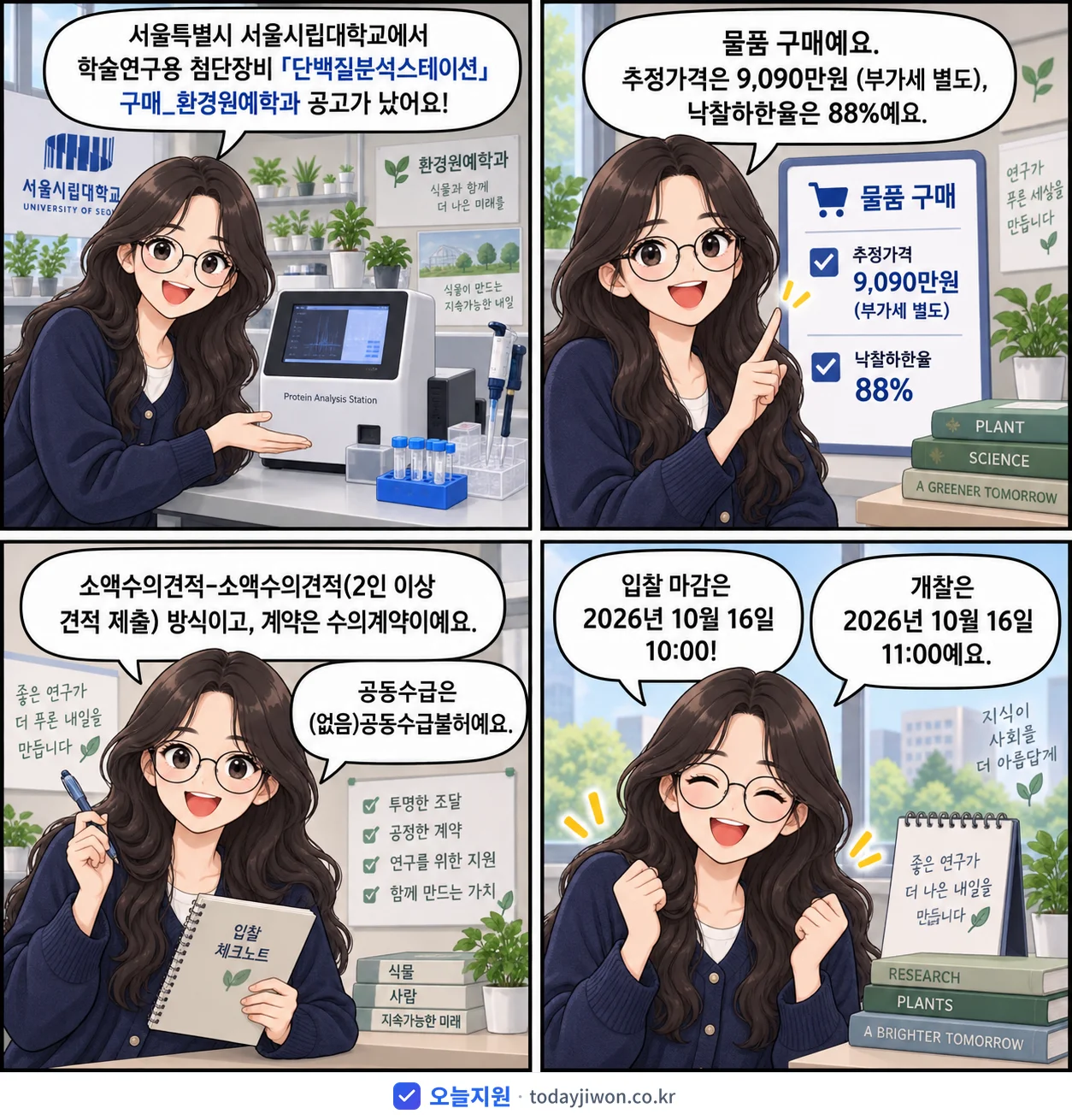 4컷 만화로 보는 공고: 서울특별시 서울시립대학교 '학술연구용 첨단장비「단백질분석스테이션」구매_환경원예학과', 추정가격 9,090만원, 입찰 마감 10/16 10:00