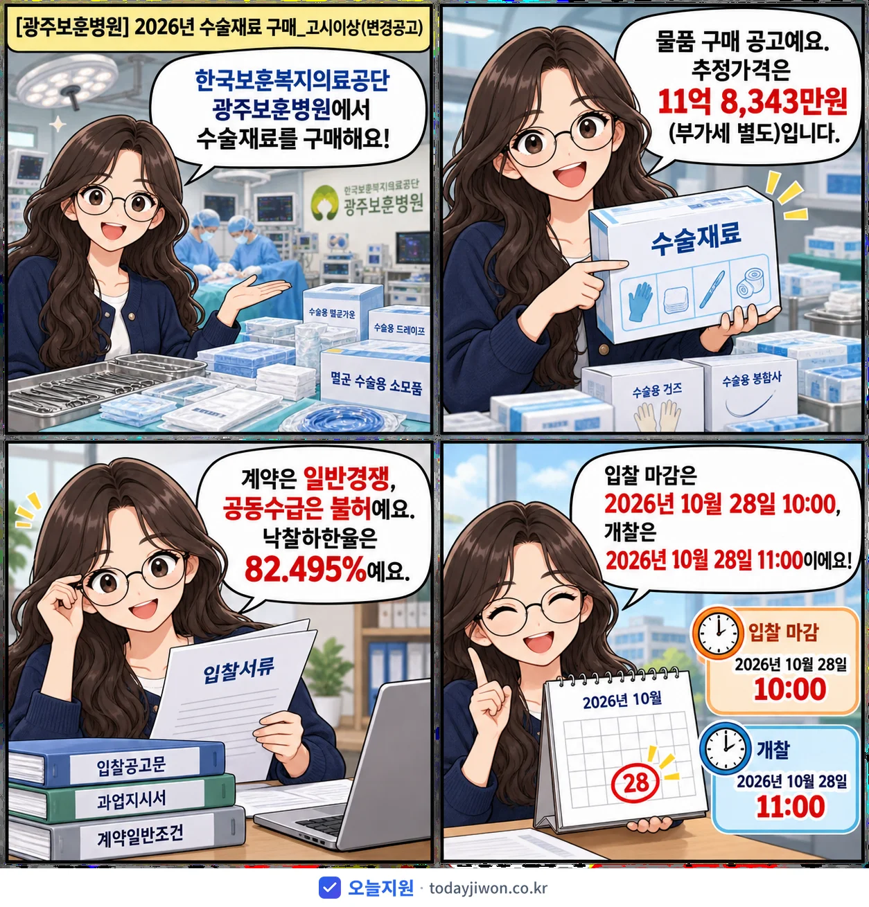 4컷 만화로 보는 공고: 한국보훈복지의료공단 광주보훈병원 '수술재료 구매_고시이상', 추정가격 11억 8,343만원, 입찰 마감 10/28 10:00