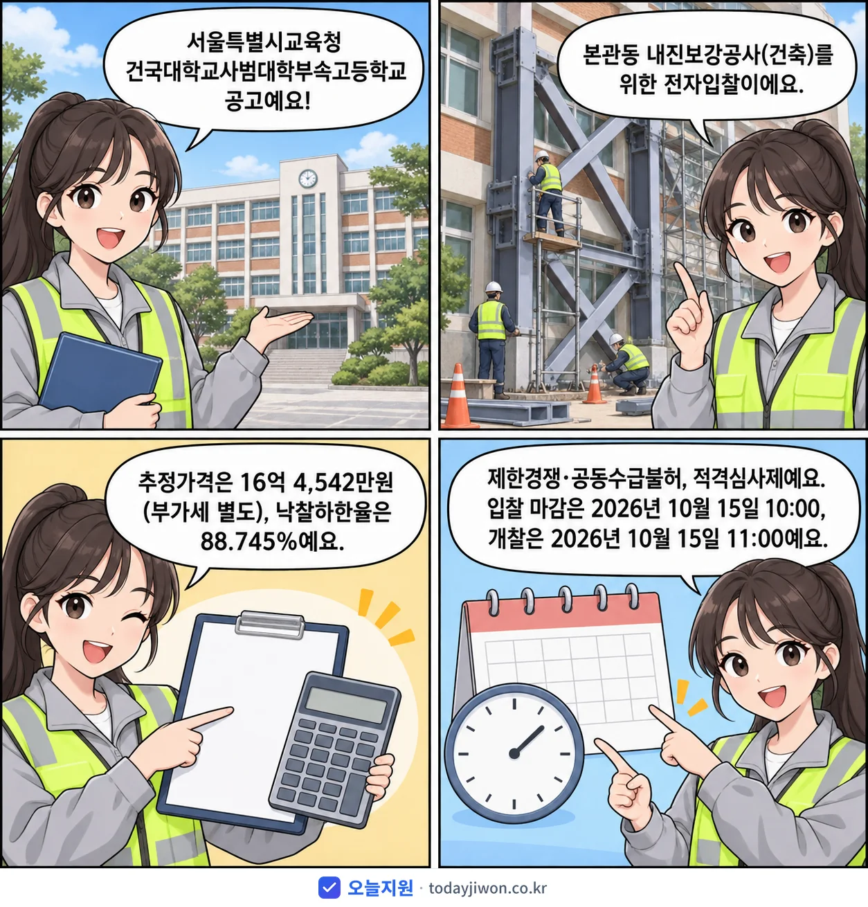 4컷 만화로 보는 공고: 서울특별시교육청 건국대학교사범대학부속고등학교 '건국대학교사범대학부속고등학교 본관동 내진보강공사(건축) 전자입찰 공고', 추정가격 16억 4,542만원, 입찰 마감 10/15 10:00