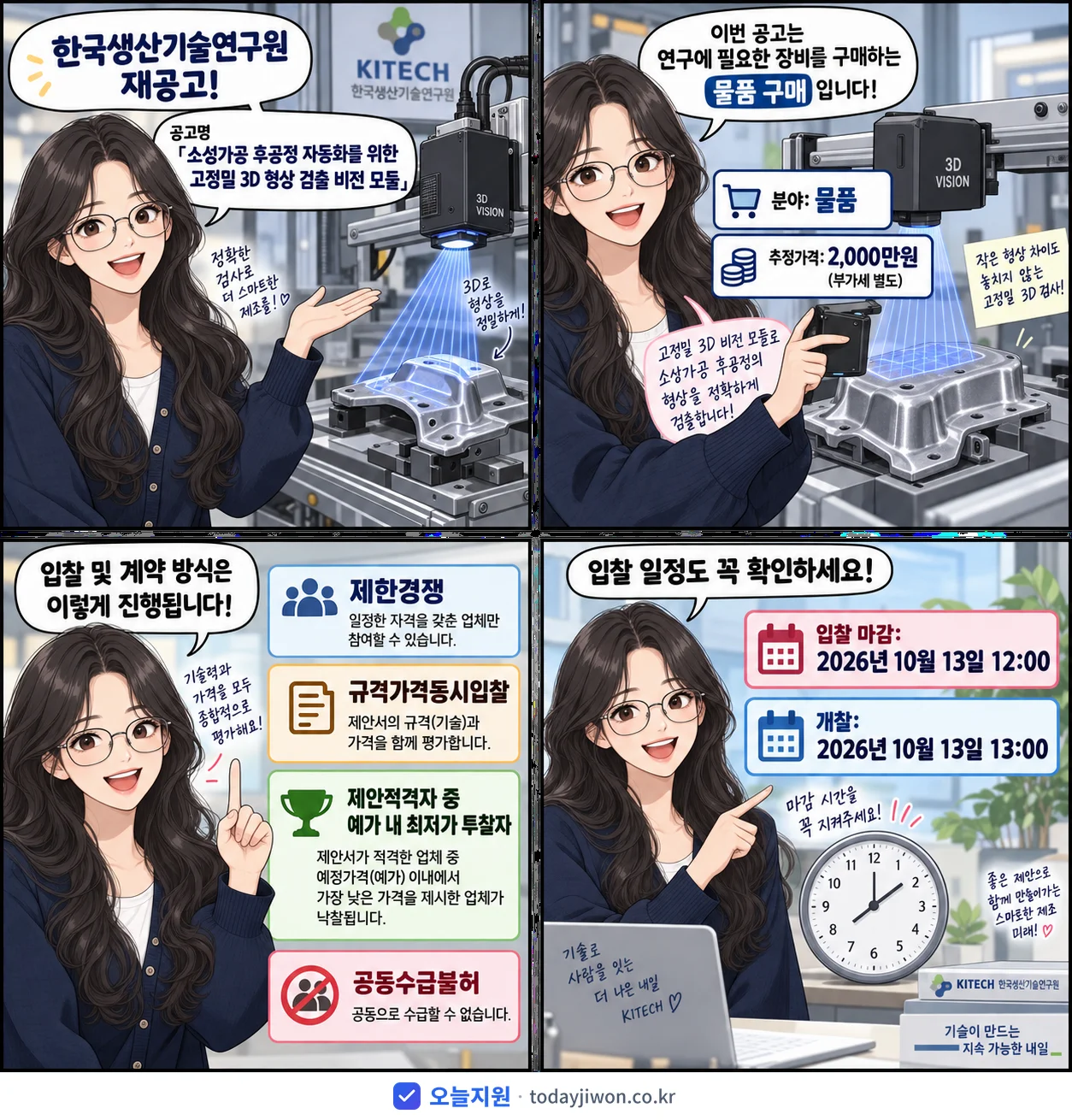 4컷 만화로 보는 공고: 한국생산기술연구원 '소성가공 후공정 자동화를 위한 고정밀 3D 형상 검출 비전 모듈', 추정가격 2,000만원, 입찰 마감 10/13 12:00
