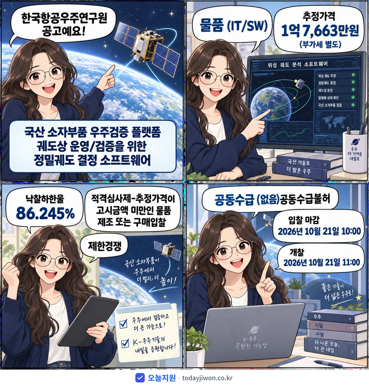 4컷 만화로 보는 공고: 한국항공우주연구원 '국산 소자부품 우주검증 플랫폼 궤도상 운영/검증을 위한 정밀궤도 결정…', 추정가격 1억 7,663만원, 입찰 마감 10/21 10:00