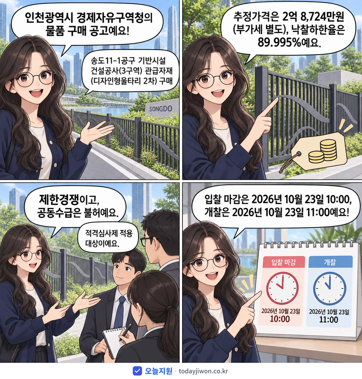 4컷 만화로 보는 공고: 인천광역시 경제자유구역청 '송도11-1공구 기반시설 건설공사(3구역) 관급자재(디자인형울타리 2차…', 추정가격 2억 8,724만원, 입찰 마감 10/23 10:00