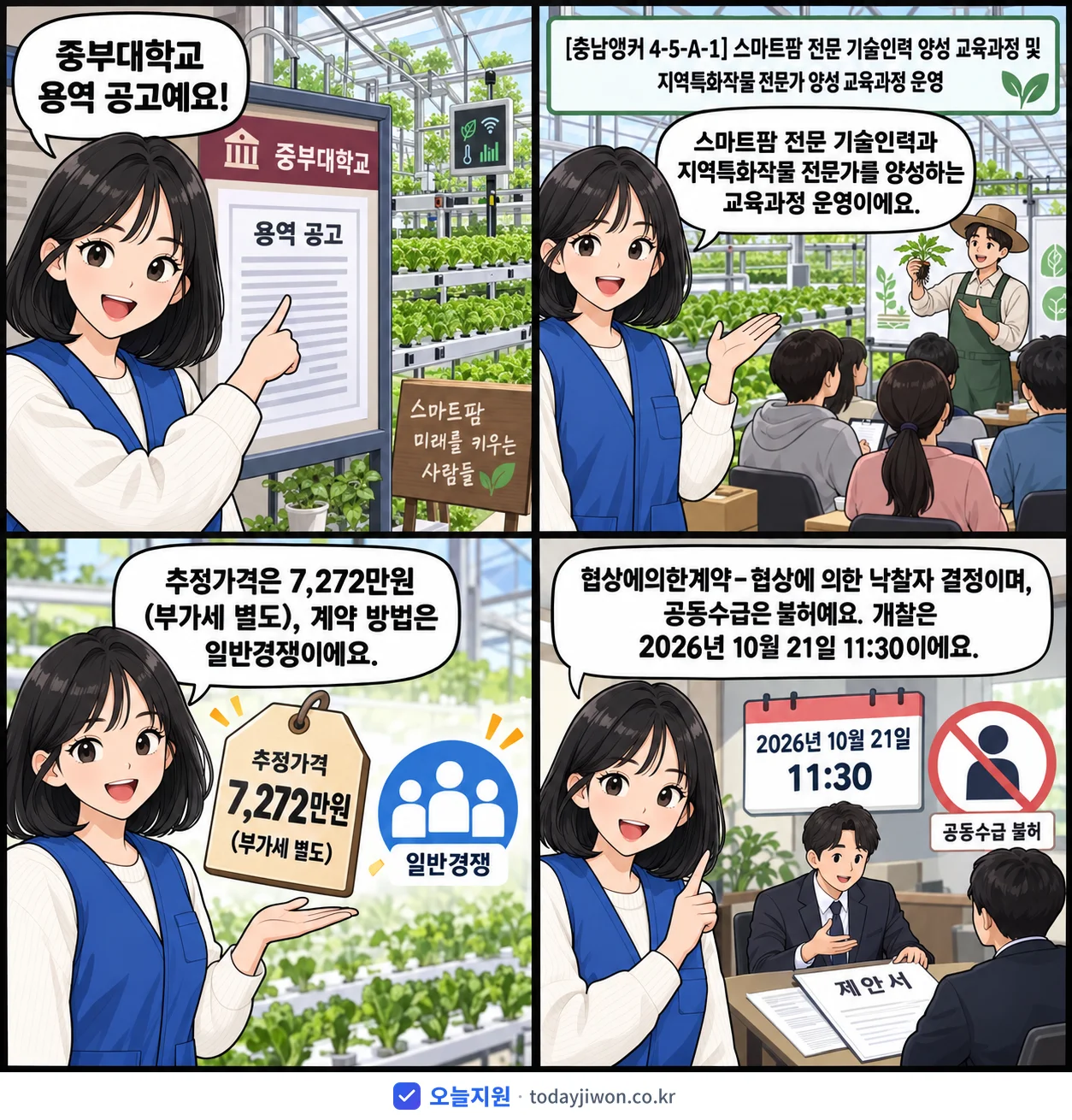 4컷 만화로 보는 공고: 중부대학교 '스마트팜 전문 기술인력 양성 교육과정 및 지역특화작물 전문가 양성 교육…', 추정가격 7,272만원