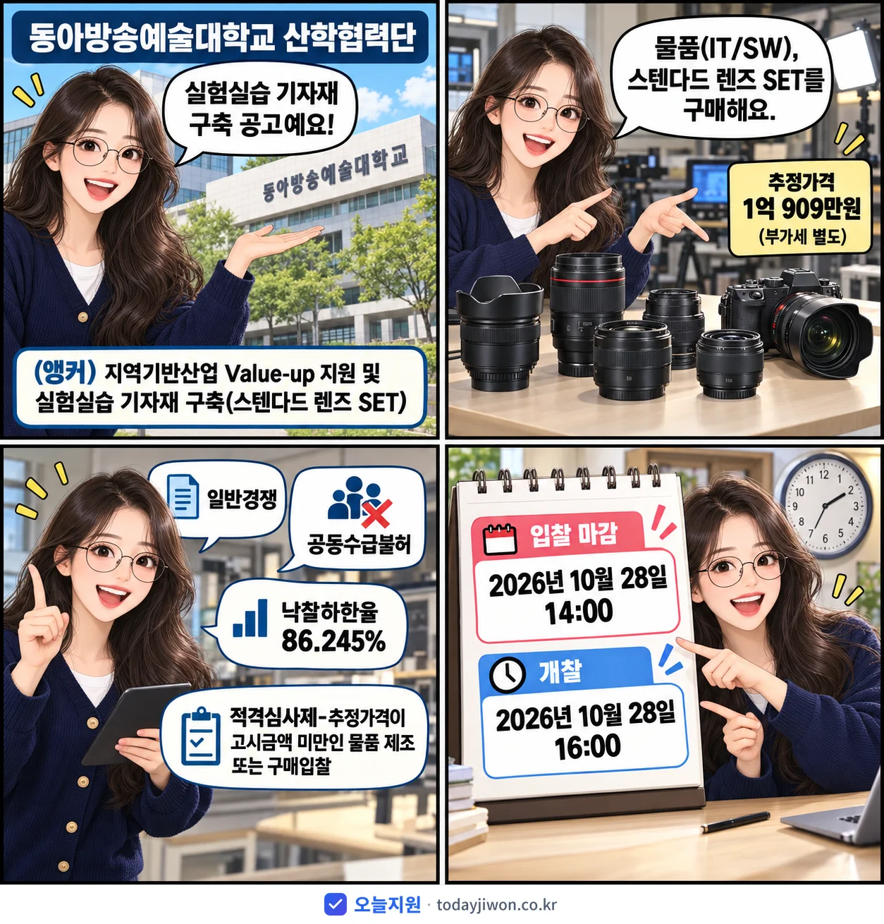 4컷 만화로 보는 공고: 동아방송예술대학교 산학협력단 '(앵커) 지역기반산업 Value-up 지원 및 실험실습 기자재 구축(스…', 추정가격 1억 909만원, 입찰 마감 10/28 14:00