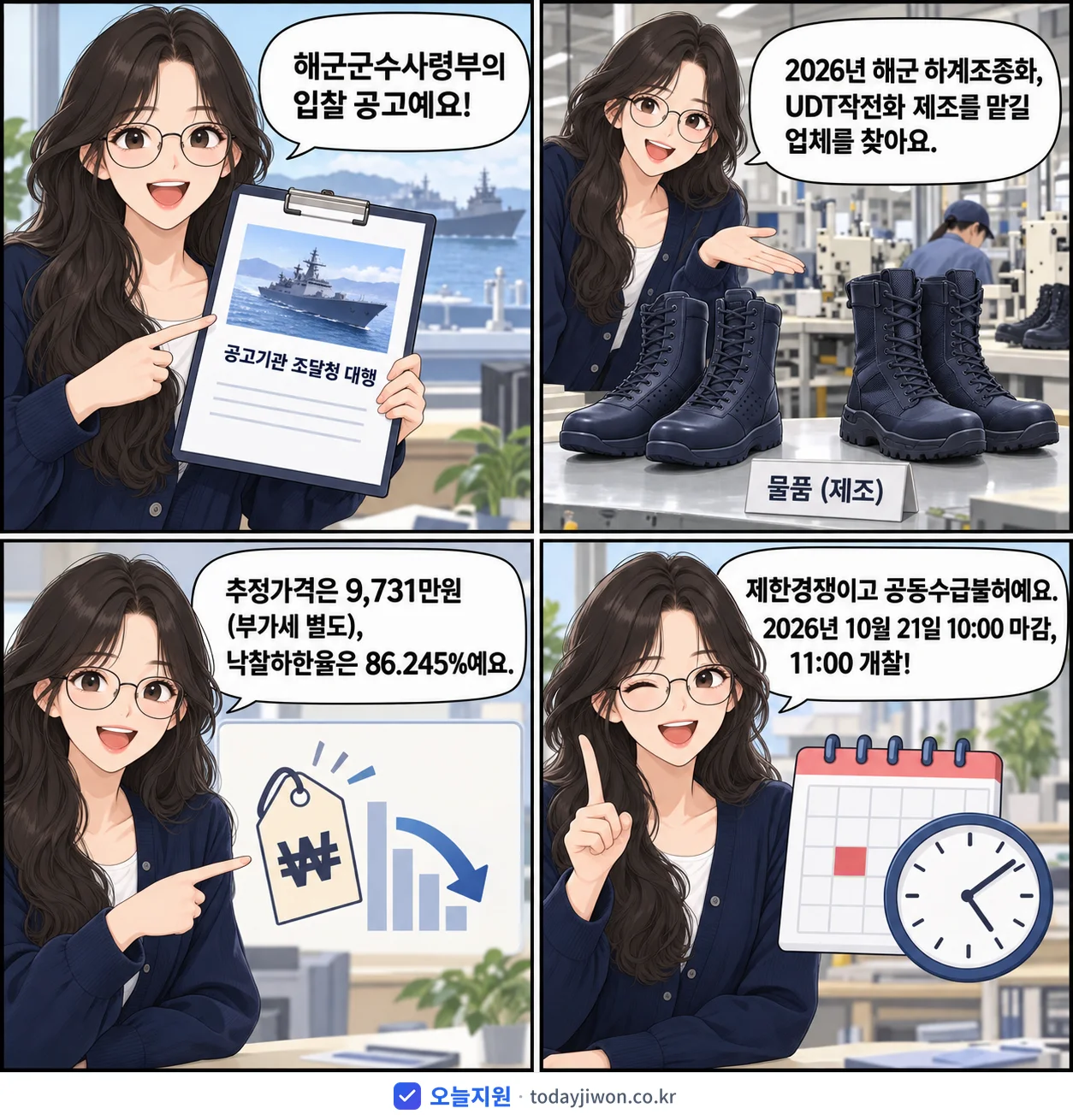 4컷 만화로 보는 공고: 해군군수사령부 '해군 하계조종화, UDT작전화 제조', 추정가격 9,731만원, 입찰 마감 10/21 10:00