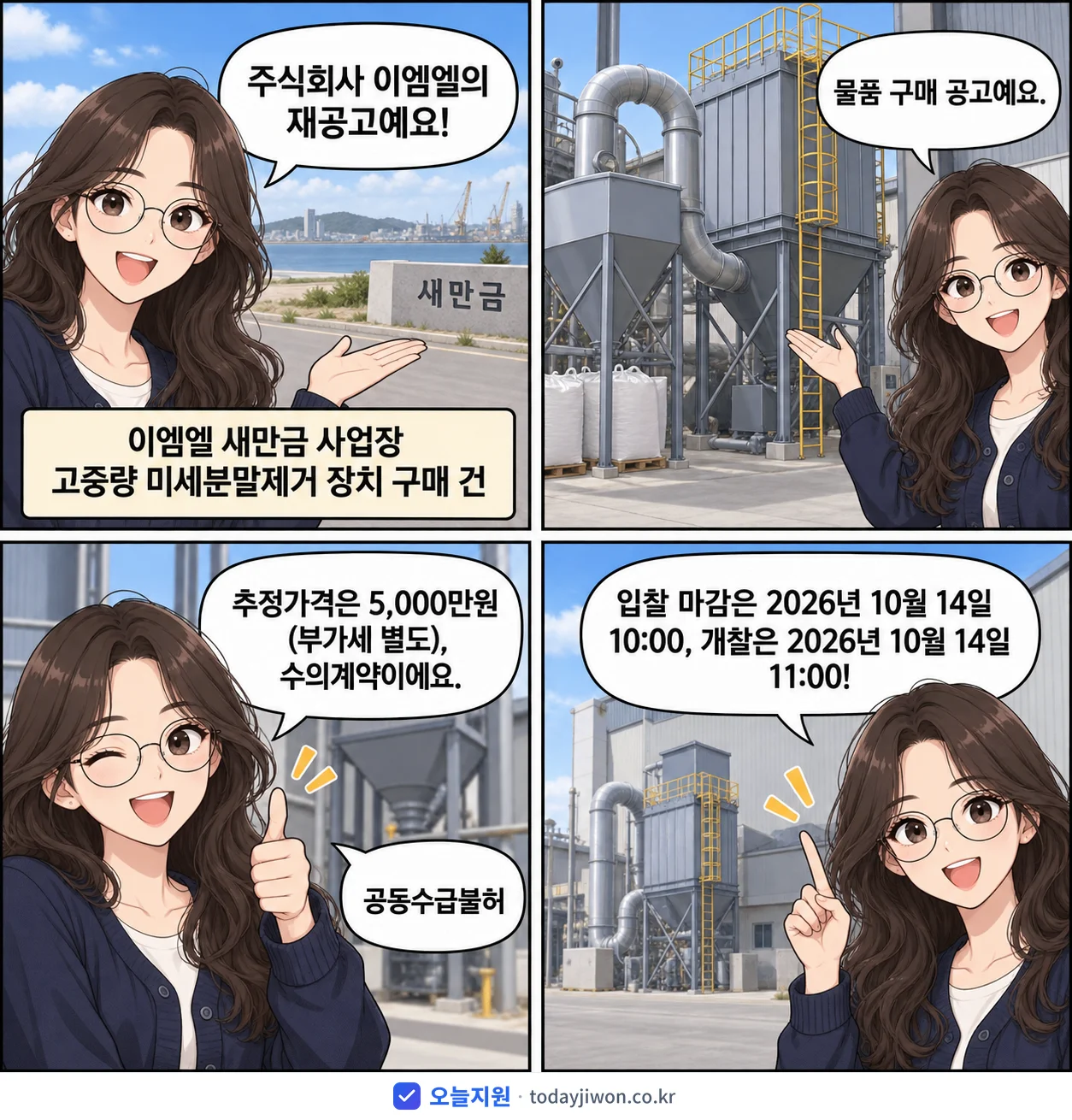 4컷 만화로 보는 공고: 주식회사 이엠엘 '이엠엘 새만금 사업장 고중량 미세분말제거 장치 구매 건', 추정가격 5,000만원, 입찰 마감 10/14 10:00