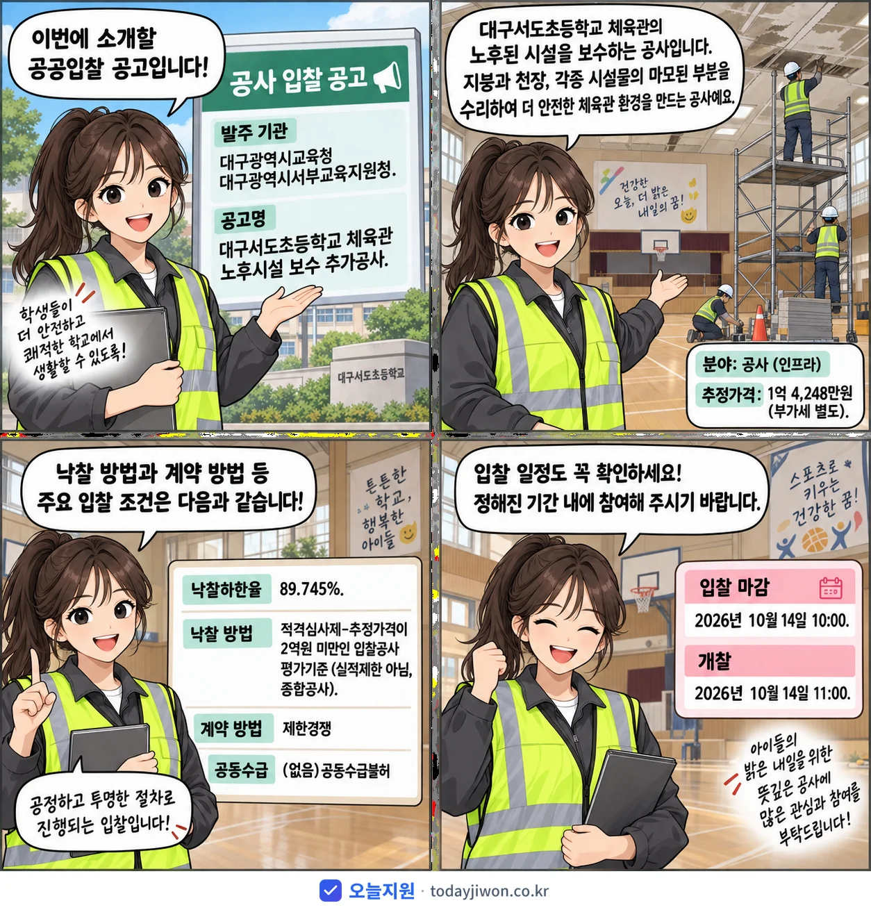 4컷 만화로 보는 공고: 대구광역시교육청 대구광역시서부교육지원청 '대구서도초등학교 체육관 노후시설 보수 추가공사', 추정가격 1억 4,248만원, 입찰 마감 10/14 10:00