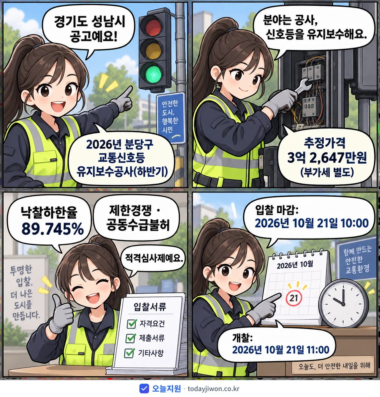 4컷 만화로 보는 공고: 경기도 성남시 '분당구 교통신호등 유지보수공사(하반기)', 추정가격 3억 2,647만원, 입찰 마감 10/21 10:00