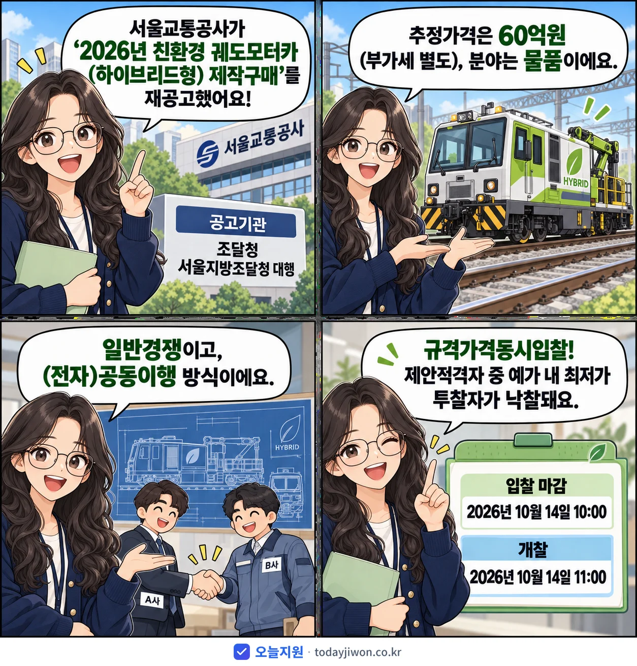 4컷 만화로 보는 공고: 서울교통공사 '친환경 궤도모터카(하이브리드형) 제작구매', 추정가격 60억원, 입찰 마감 10/14 10:00