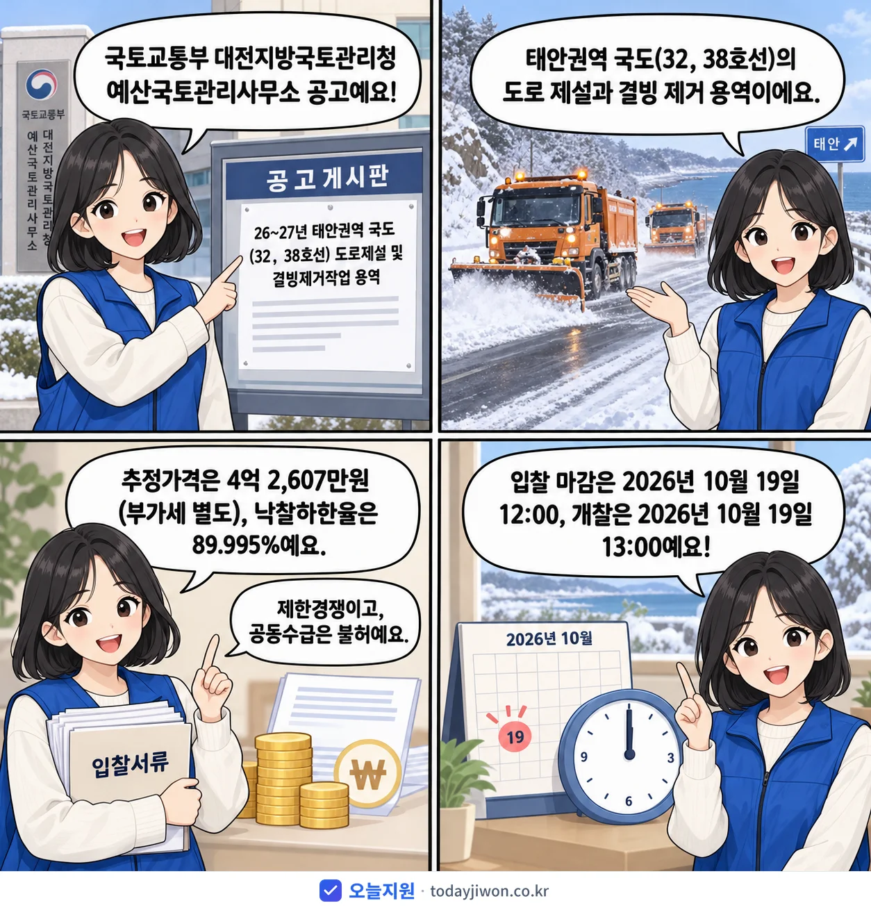4컷 만화로 보는 공고: 국토교통부 대전지방국토관리청 예산국토관리사무소 '26~27년 태안권역 국도(32,38호선) 도로제설 및 결빙제거작업 용역', 추정가격 4억 2,607만원, 입찰 마감 10/19 12:00