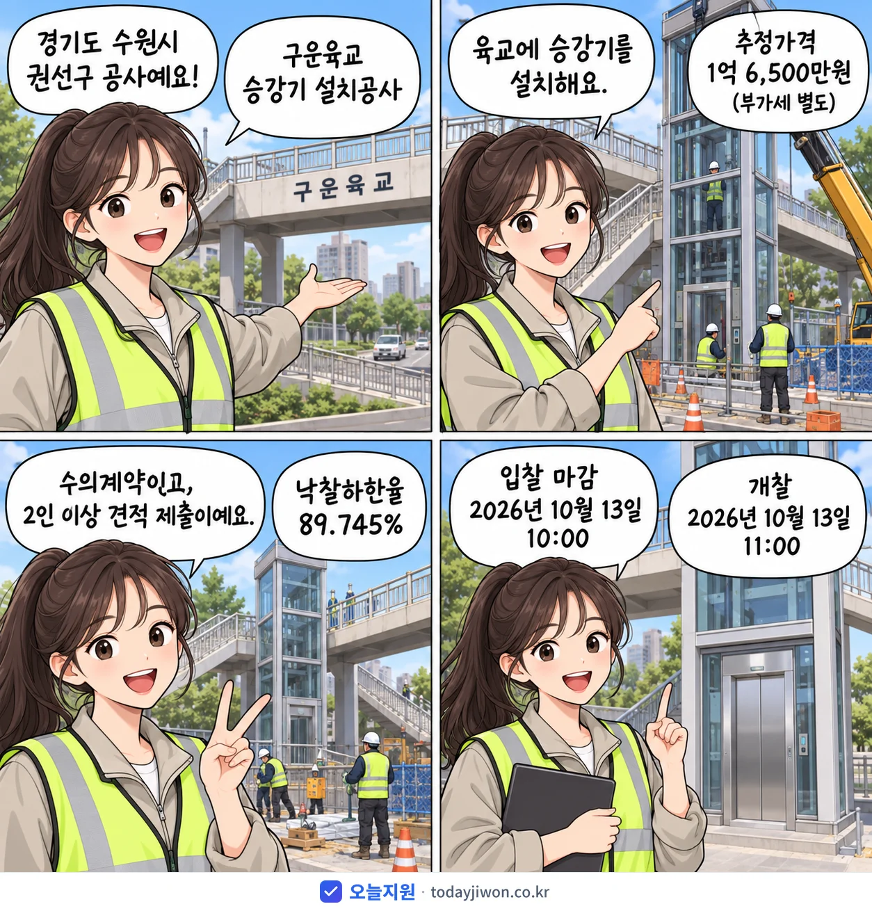 4컷 만화로 보는 공고: 경기도 수원시 권선구 '구운육교 승강기 설치공사', 추정가격 1억 6,500만원, 입찰 마감 10/13 10:00