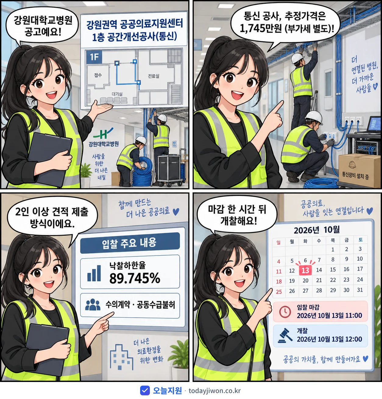 4컷 만화로 보는 공고: 강원대학교병원 '강원권역 공공의료지원센터 1층 공간개선공사(통신)', 추정가격 1,745만원, 입찰 마감 10/13 11:00