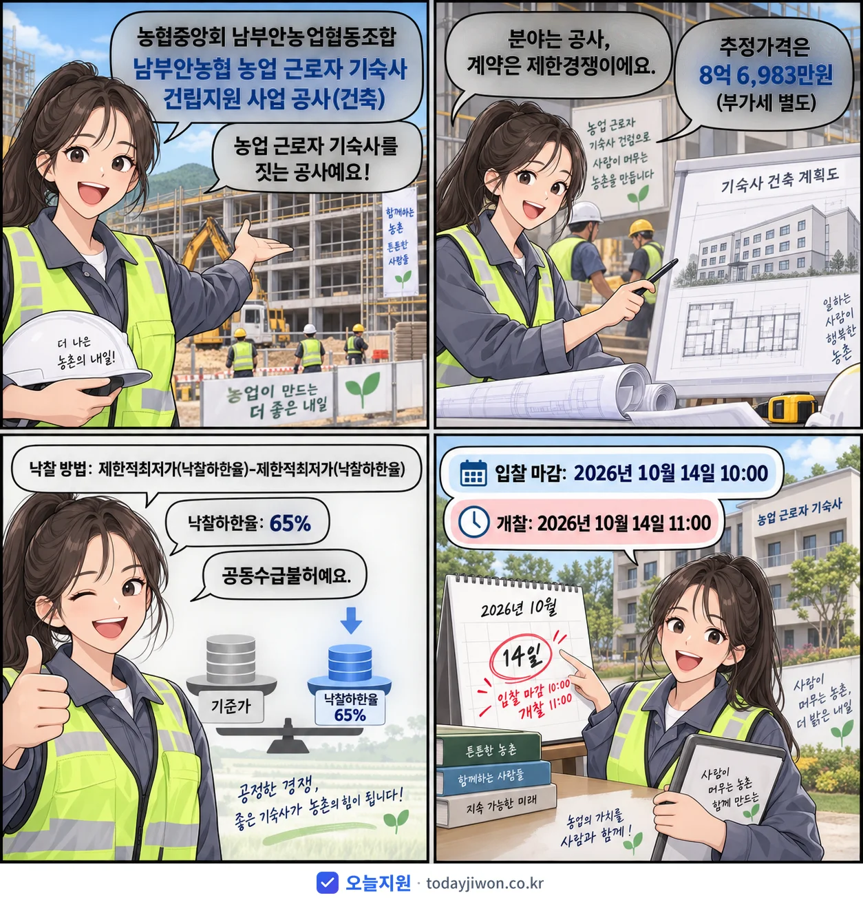 4컷 만화로 보는 공고: 농협중앙회 남부안농업협동조합 '남부안농협 농업 근로자 기숙사 건립지원 사업 공사(건축)', 추정가격 8억 6,983만원, 입찰 마감 10/14 10:00