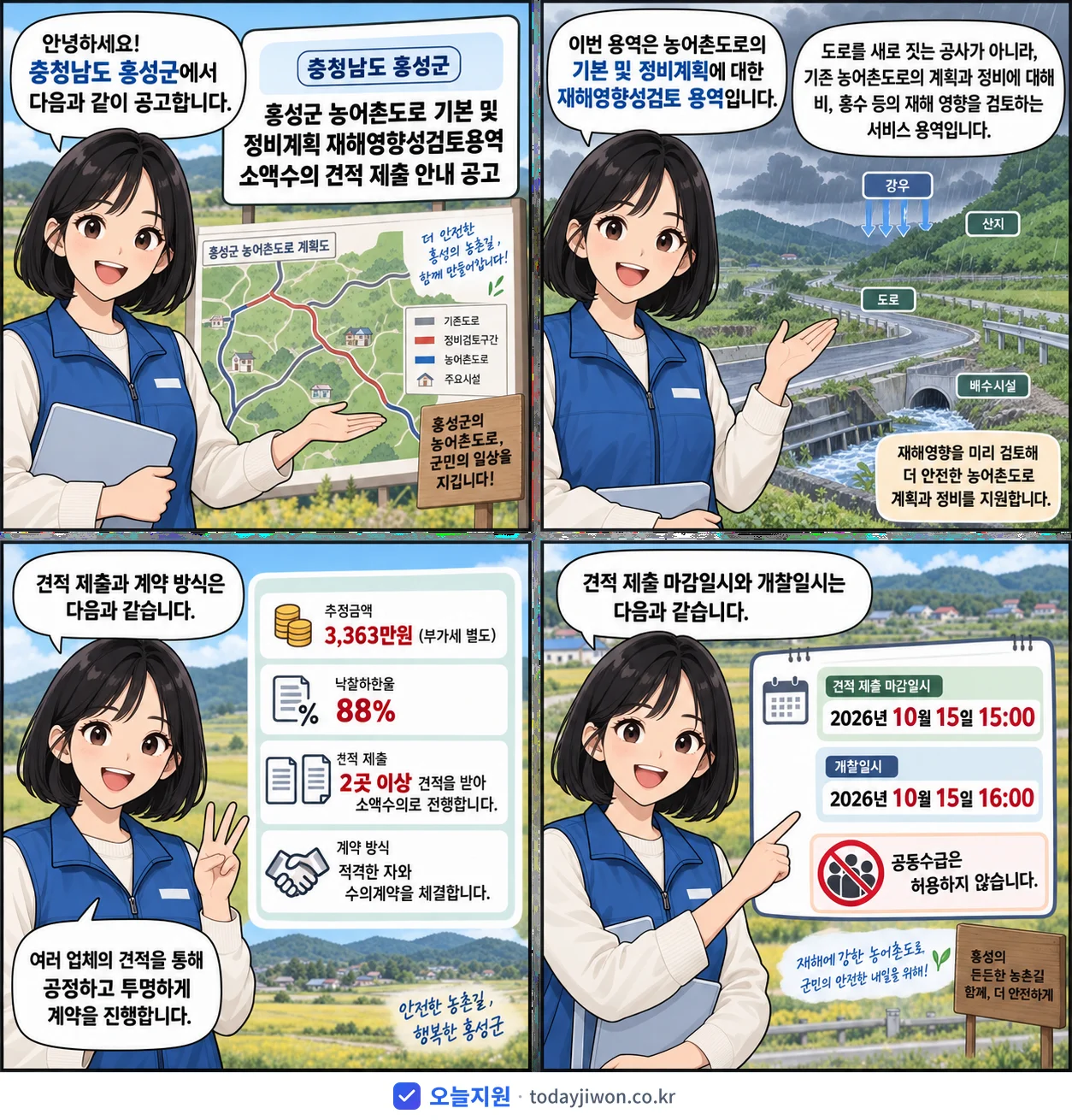4컷 만화로 보는 공고: 충청남도 홍성군 '홍성군 농어촌도로 기본 및 정비계획 재해영향성검토용역 소액수의 견적 제…', 추정가격 3,363만원, 입찰 마감 10/15 15:00