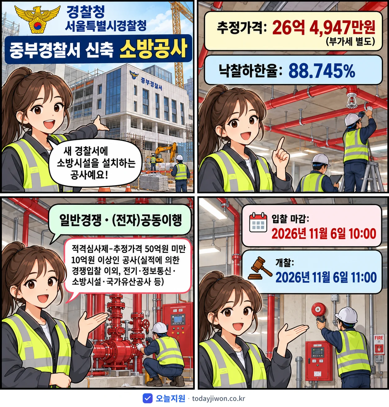 4컷 만화로 보는 공고: 경찰청 서울특별시경찰청 '중부경찰서 신축 소방공사', 추정가격 26억 4,947만원, 입찰 마감 11/6 10:00