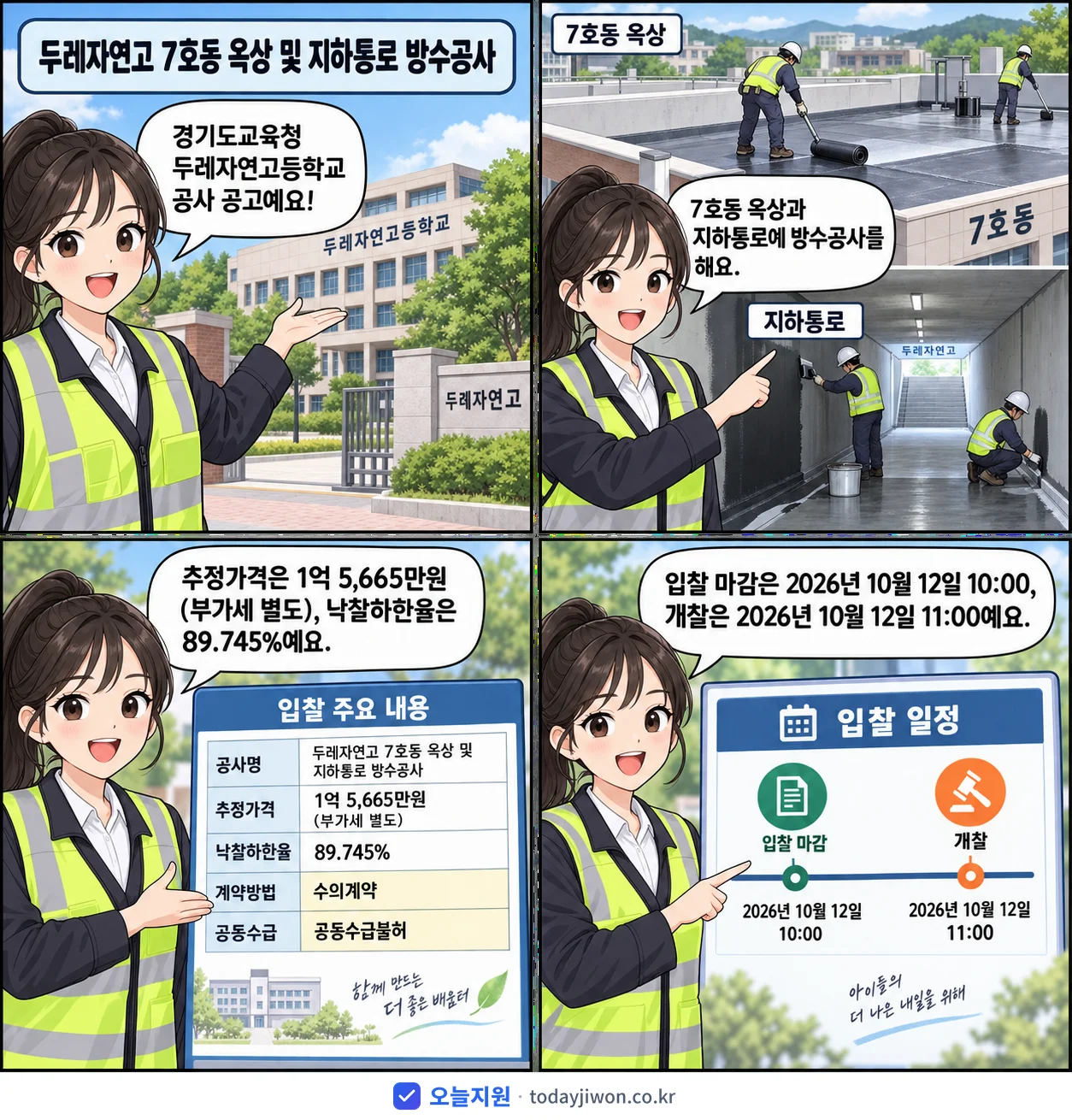 4컷 만화로 보는 공고: 경기도교육청 두레자연고등학교 '두레자연고 7호동 옥상 및 지하통로 방수공사', 추정가격 1억 5,665만원, 입찰 마감 10/12 10:00