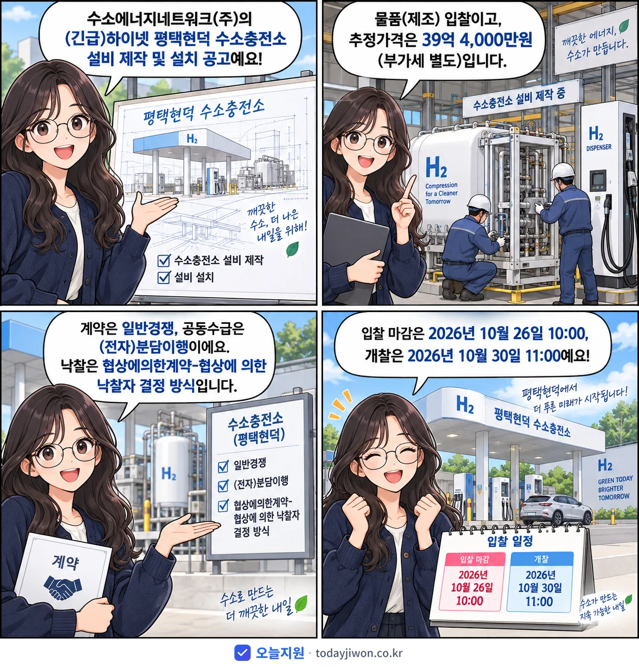 4컷 만화로 보는 공고: 수소에너지네트워크(주) '하이넷 평택현덕 수소충전소 설비 제작 및 설치', 추정가격 39억 4,000만원, 입찰 마감 10/26 10:00