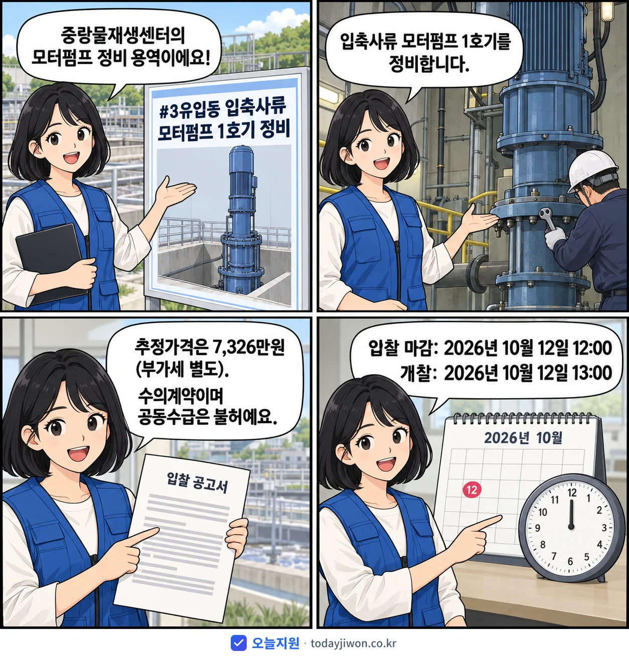 4컷 만화로 보는 공고: 서울특별시 물재생센터 중랑물재생센터 '#3유입동 입축사류 모터펌프 1호기 정비', 추정가격 7,326만원, 입찰 마감 10/12 12:00