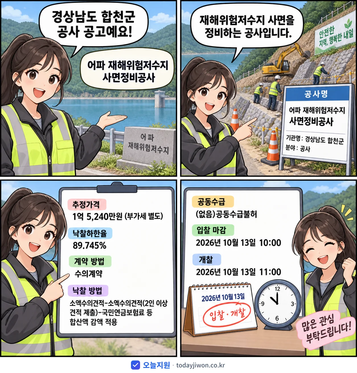 4컷 만화로 보는 공고: 경상남도 합천군 '어파 재해위험저수지 사면정비공사', 추정가격 1억 5,240만원, 입찰 마감 10/13 10:00