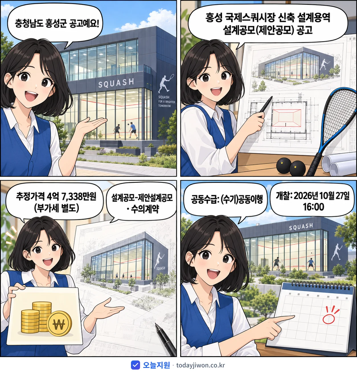 4컷 만화로 보는 공고: 충청남도 홍성군 '홍성 국제스쿼시장 신축 설계용역 설계공모(제안공모) 공고', 추정가격 4억 7,338만원