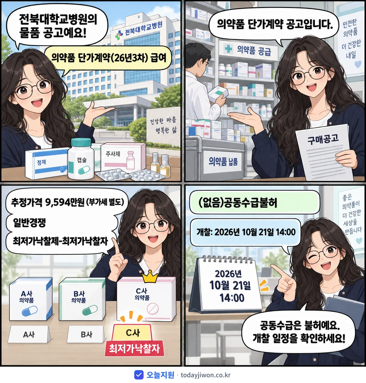 4컷 만화로 보는 공고: 전북대학교병원 '의약품 단가계약(26년3차) 급여', 추정가격 9,594만원