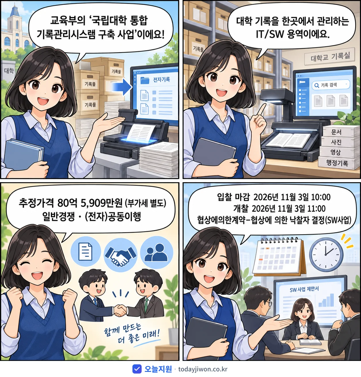 4컷 만화로 보는 공고: 교육부 '국립대학 통합 기록관리시스템 구축 사업', 추정가격 80억 5,909만원, 입찰 마감 11/3 10:00