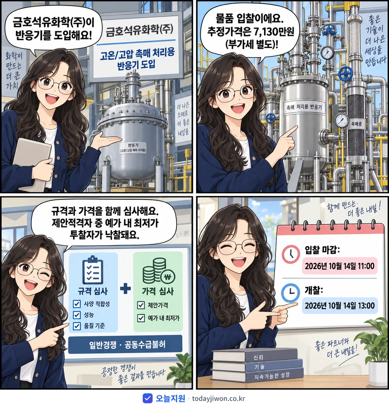4컷 만화로 보는 공고: 금호석유화학(주) '고온/고압 촉매 처리용 반응기 도입', 추정가격 7,130만원, 입찰 마감 10/14 11:00