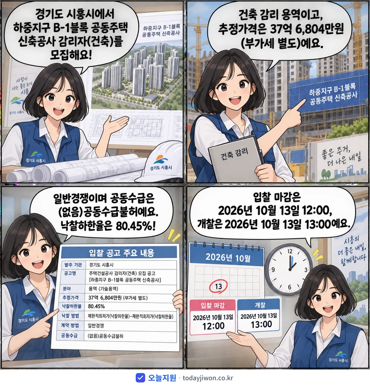 4컷 만화로 보는 공고: 경기도 시흥시 '주택건설공사 감리자(건축) 모집 공고[하중지구 B-1블록 공동주택 신축…', 추정가격 37억 6,804만원, 입찰 마감 10/13 12:00