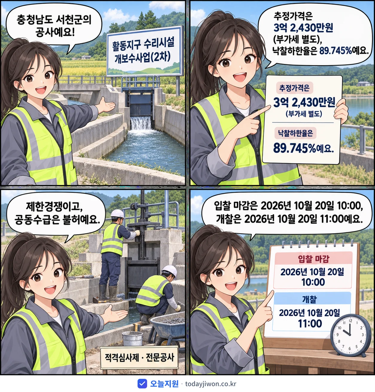 4컷 만화로 보는 공고: 충청남도 서천군 '활동지구 수리시설 개보수사업(2차)', 추정가격 3억 2,430만원, 입찰 마감 10/20 10:00