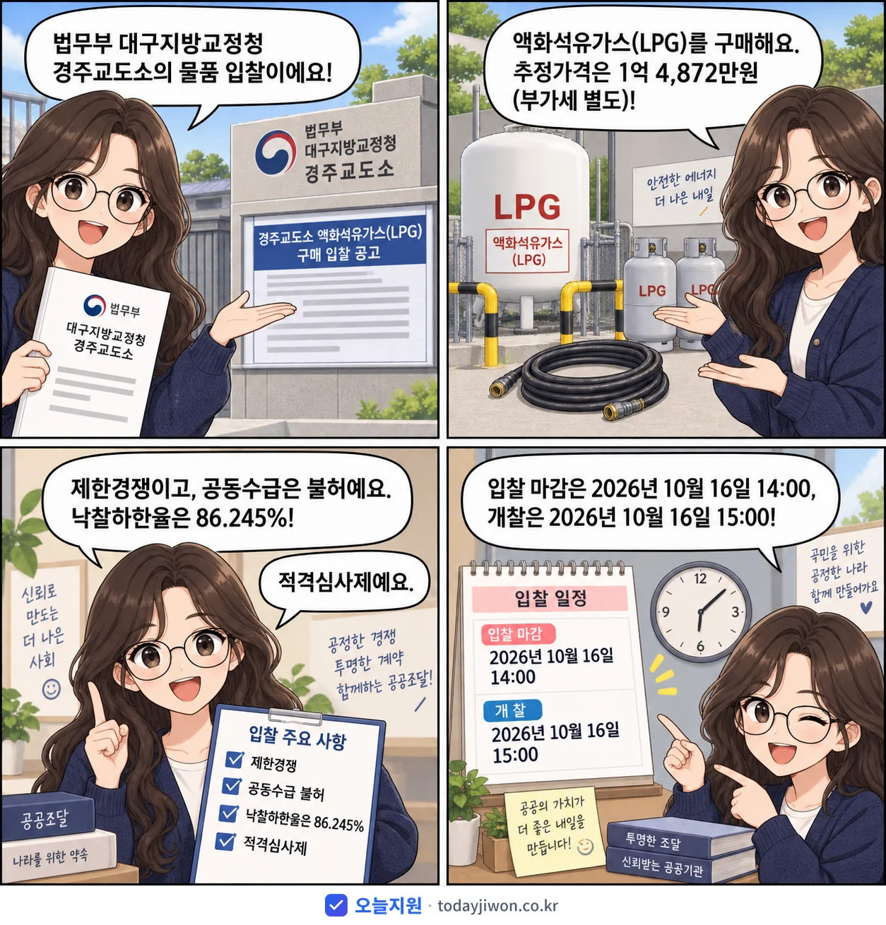 4컷 만화로 보는 공고: 법무부 대구지방교정청 경주교도소 '경주교도소 액화석유가스(LPG) 구매 입찰 공고', 추정가격 1억 4,872만원, 입찰 마감 10/16 14:00