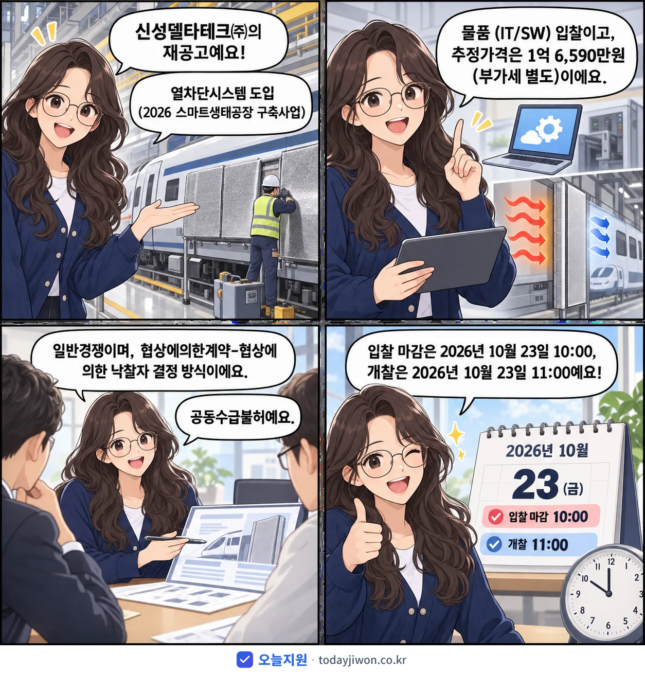 4컷 만화로 보는 공고: 신성델타테크㈜ '열차단시스템 도입 (2026 스마트생태공장 구축사업)', 추정가격 1억 6,590만원, 입찰 마감 10/23 10:00