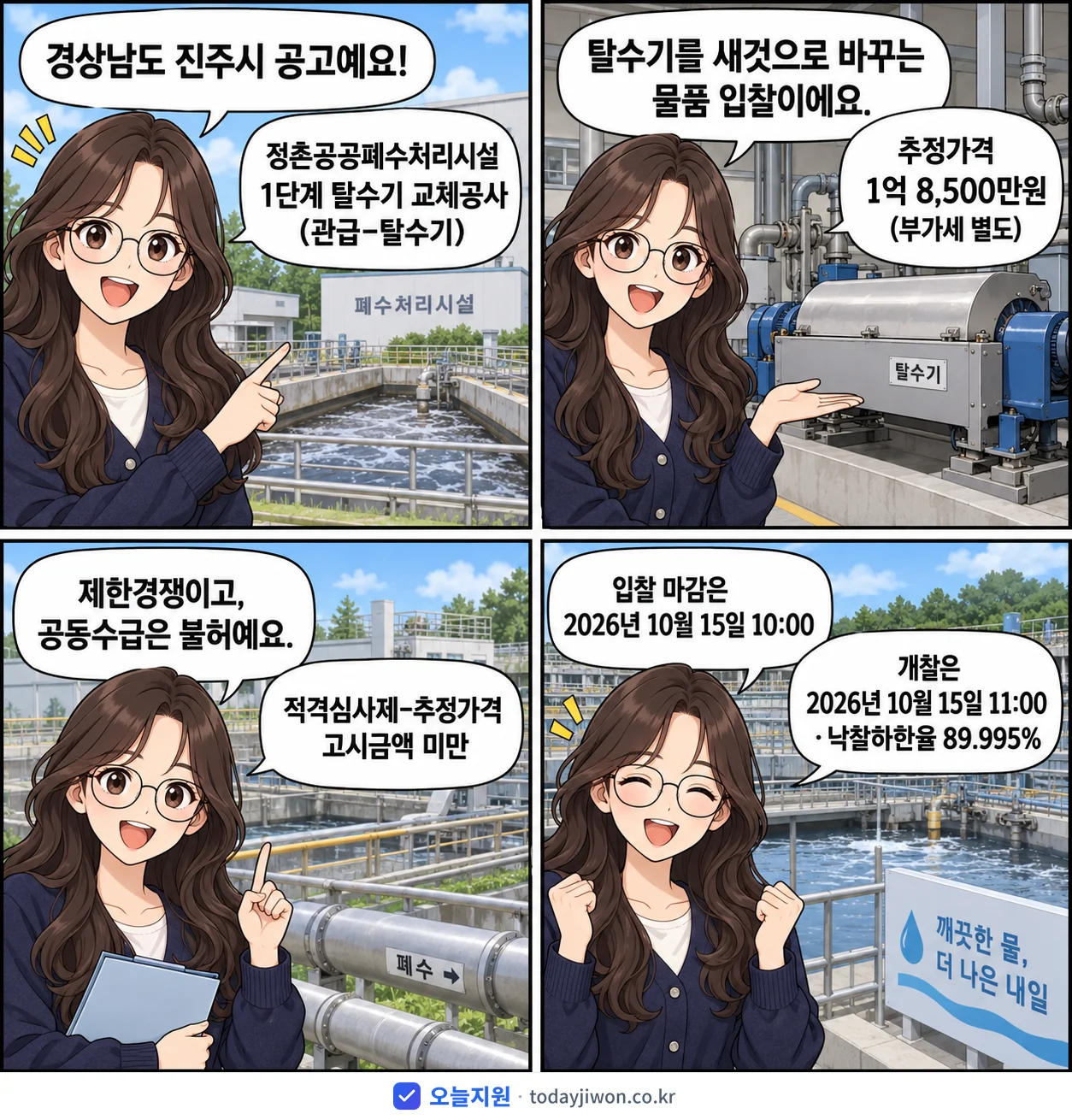 4컷 만화로 보는 공고: 경상남도 진주시 '정촌공공폐수처리시설 1단계 탈수기 교체공사(관급-탈수기)', 추정가격 1억 8,500만원, 입찰 마감 10/15 10:00