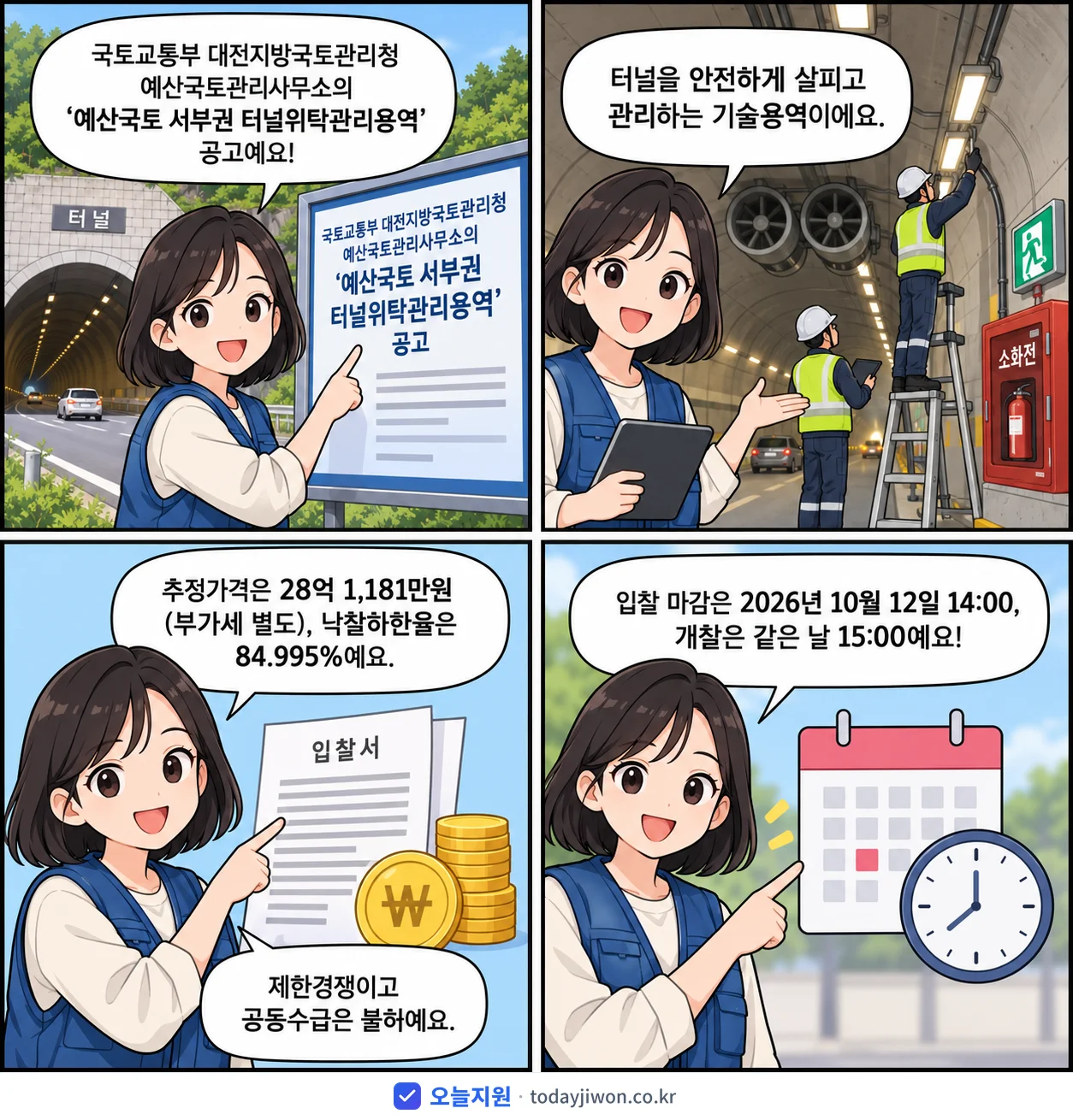 4컷 만화로 보는 공고: 국토교통부 대전지방국토관리청 예산국토관리사무소 '예산국토 서부권 터널위탁관리용역', 추정가격 28억 1,181만원, 입찰 마감 10/12 14:00